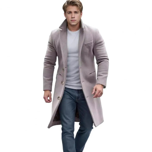 Elegant Men's Woolen Coat with Lapel Pockets - Single Breasted Long Sleeve Jacket Perfect for Autumn and Winter Casual Wear
